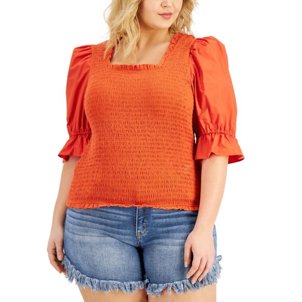 INC International Concepts Plus Size Puff Sleeve Smocked Top